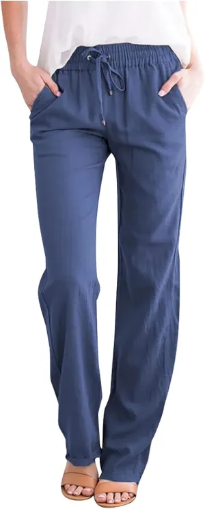 Ceboyel Women Linen Straight Pants Drawstring Summer Trousers Trendy Beach Travel Pant Loose Fitting Business Casual Clothing