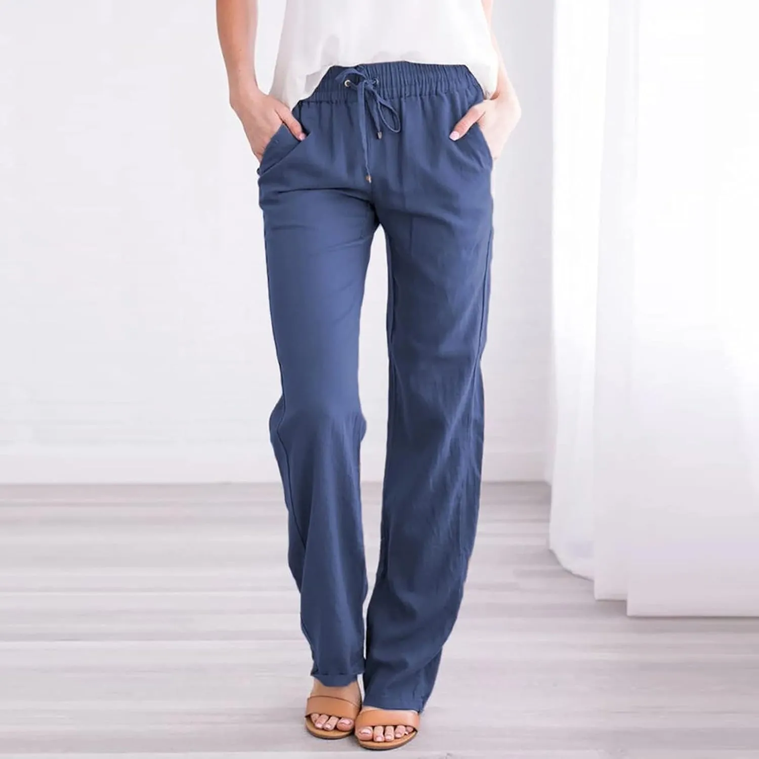 Ceboyel Women Linen Straight Pants Drawstring Summer Trousers Trendy Beach Travel Pant Loose Fitting Business Casual Clothing