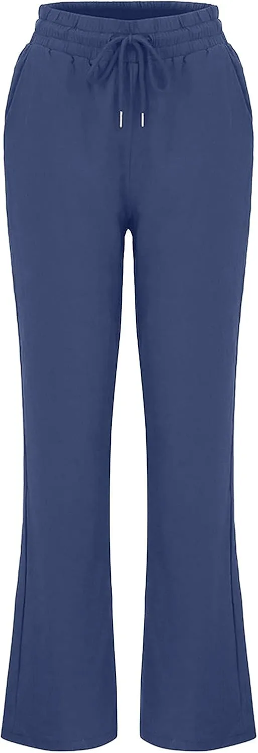 Ceboyel Women Linen Straight Pants Drawstring Summer Trousers Trendy Beach Travel Pant Loose Fitting Business Casual Clothing