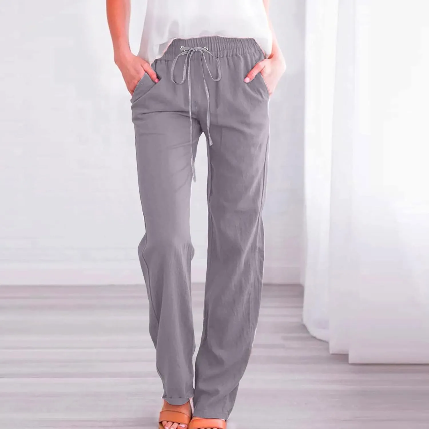 Ceboyel Women's Cotton Linen Pants Drawstring Causal Summer Pants Elastic Waist Trousers Trendy Baggy Laides Outfits 2023