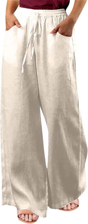 Ceboyel Womens Drawstring Linen Pants Wide Leg Lounge Trousers High Waist Palazzo Pants Boho Ladies Summer Outfits 2023