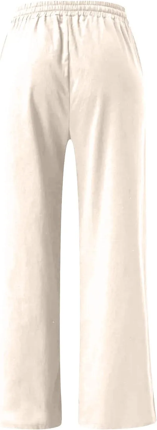 Ceboyel Womens Drawstring Linen Pants Wide Leg Lounge Trousers High Waist Palazzo Pants Boho Ladies Summer Outfits 2023