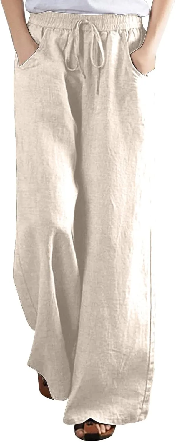 Ceboyel Womens Drawstring Linen Pants Wide Leg Lounge Trousers High Waist Palazzo Pants Boho Ladies Summer Outfits 2023