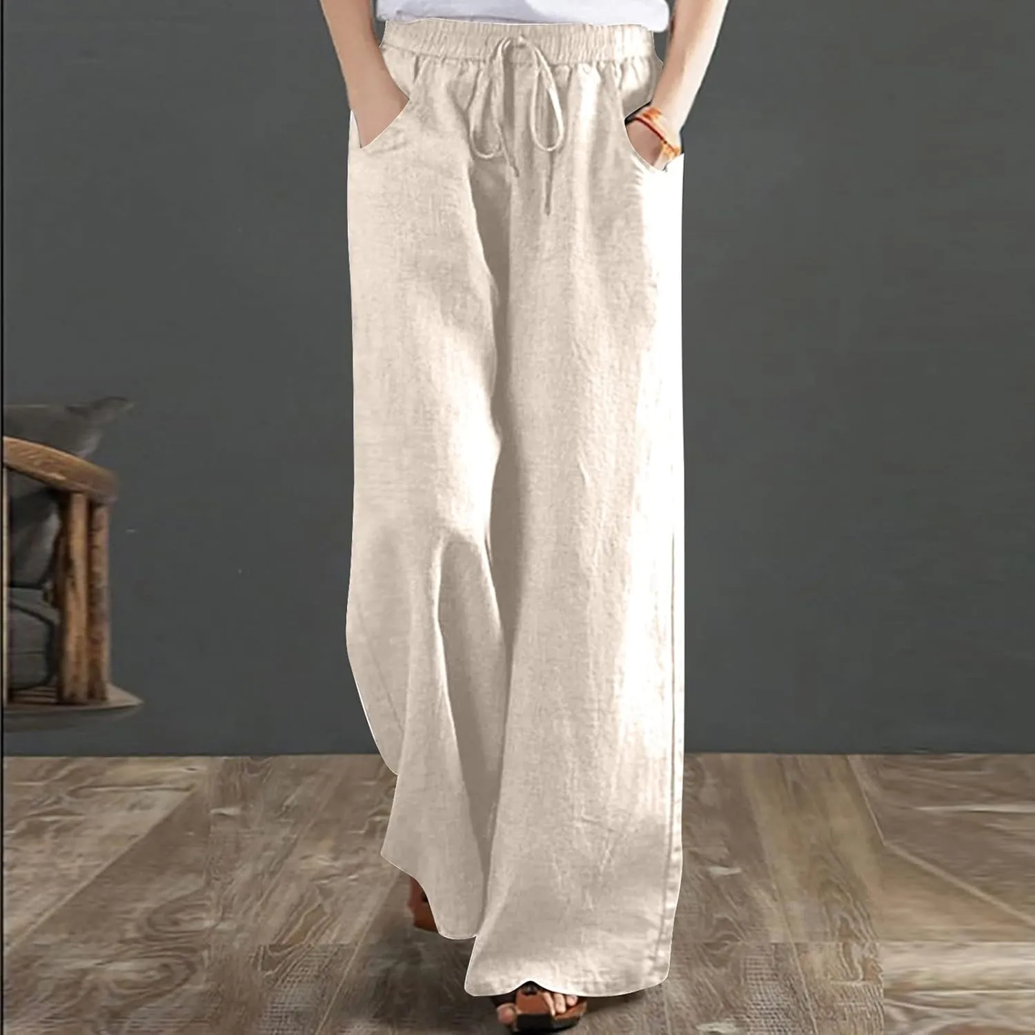 Ceboyel Womens Drawstring Linen Pants Wide Leg Lounge Trousers High Waist Palazzo Pants Boho Ladies Summer Outfits 2023