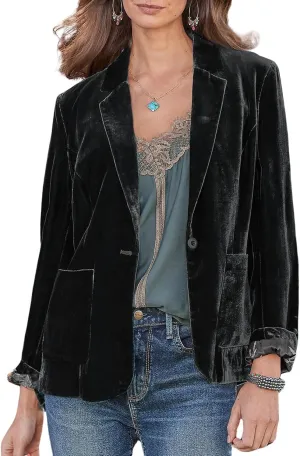 CHARTOU Casual 1 Button Velvet Jacket Women Velvet Cardigan Blazer Office Work Short Coat Suit Jacket with Pocket