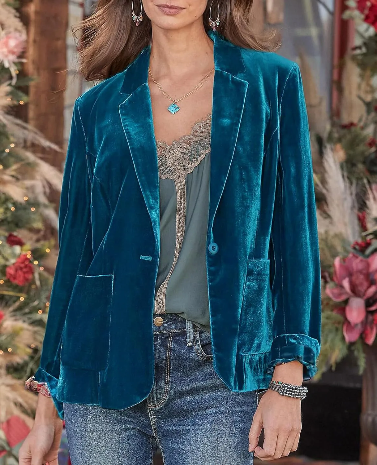 CHARTOU Casual 1 Button Velvet Jacket Women Velvet Cardigan Blazer Office Work Short Coat Suit Jacket with Pocket