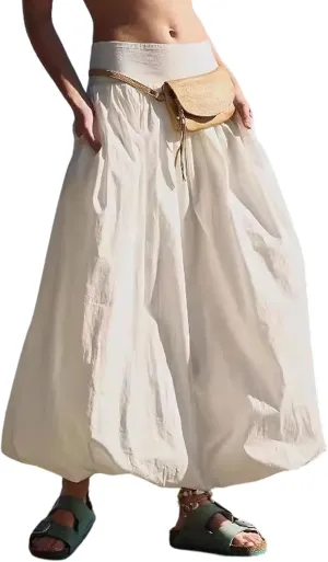 CHARTOU Flowy Long Bubble Skirts for Women Boho Cargo Balloon Skirt Elastic Waist Ruffle Pleated Midi Skirt
