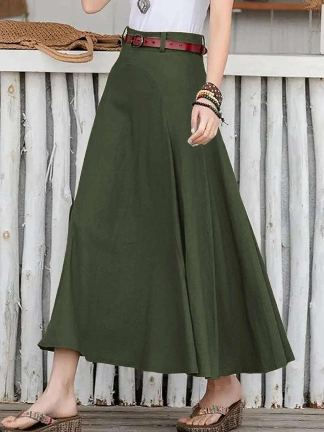 CHARTOU Women Casual Cotton Linen A Line Skirt High Waist Long Flowy Skirt Flare Swing Ruffle Skirt