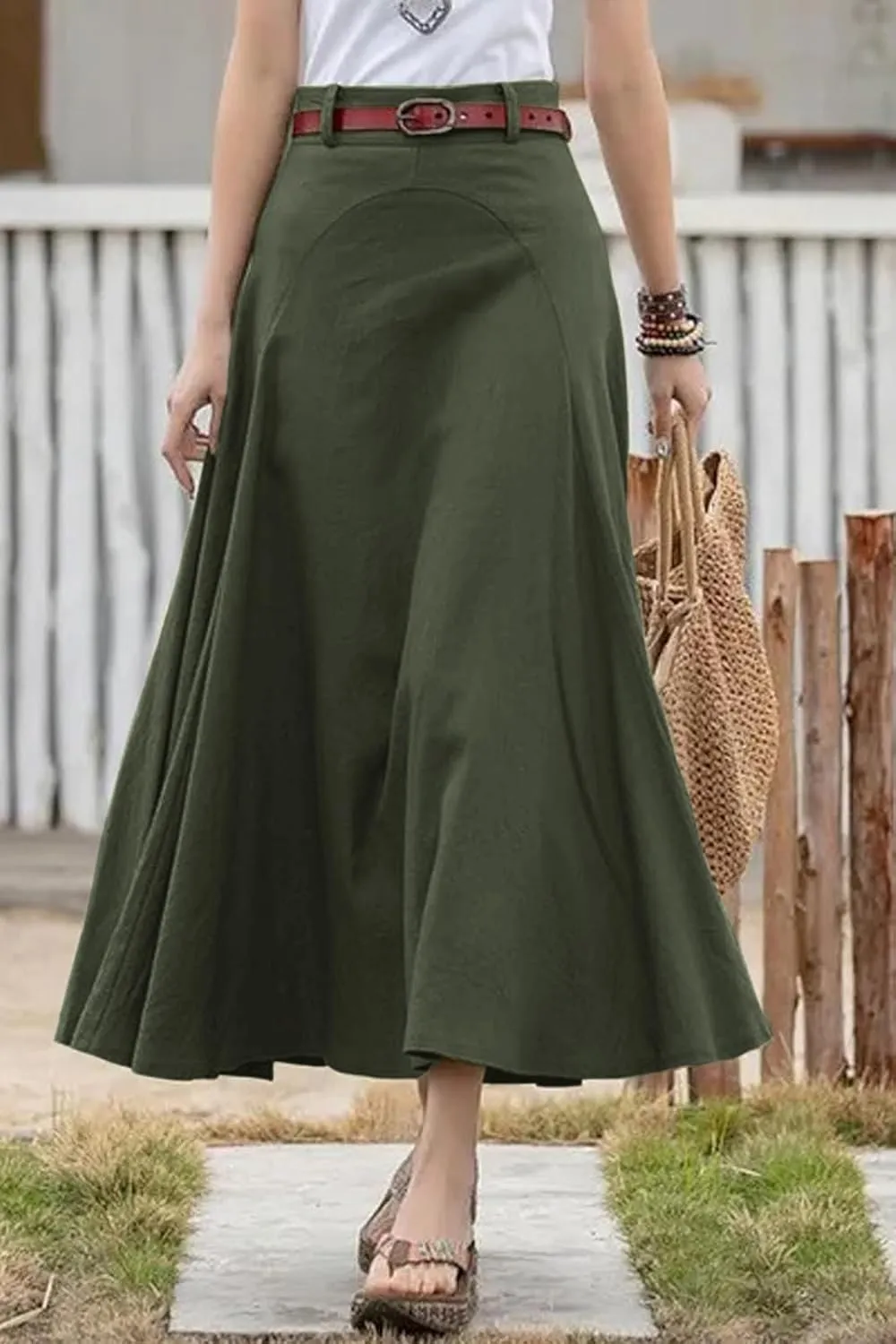 CHARTOU Women Casual Cotton Linen A Line Skirt High Waist Long Flowy Skirt Flare Swing Ruffle Skirt