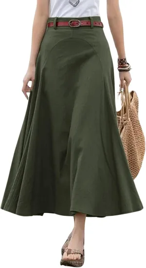 CHARTOU Women Casual Cotton Linen A Line Skirt High Waist Long Flowy Skirt Flare Swing Ruffle Skirt