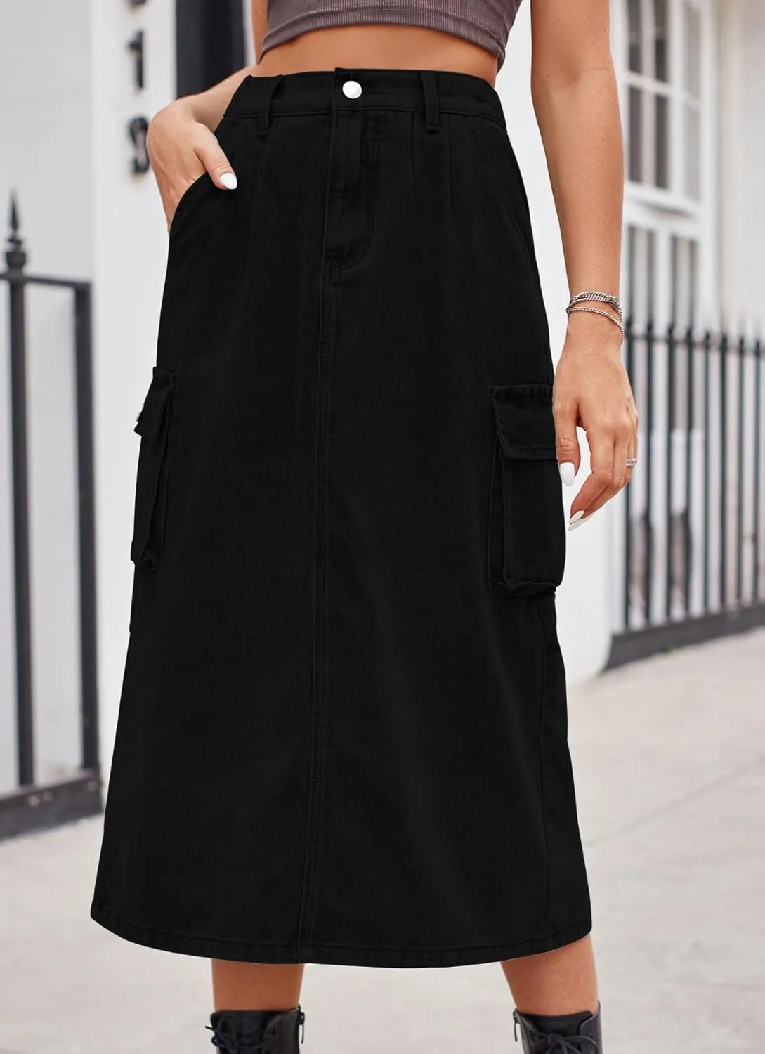 CHARTOU Women Casual High Waisted Denim Skirt Midi Jean Skirt Elastic Back A Line Skirt with Pockets