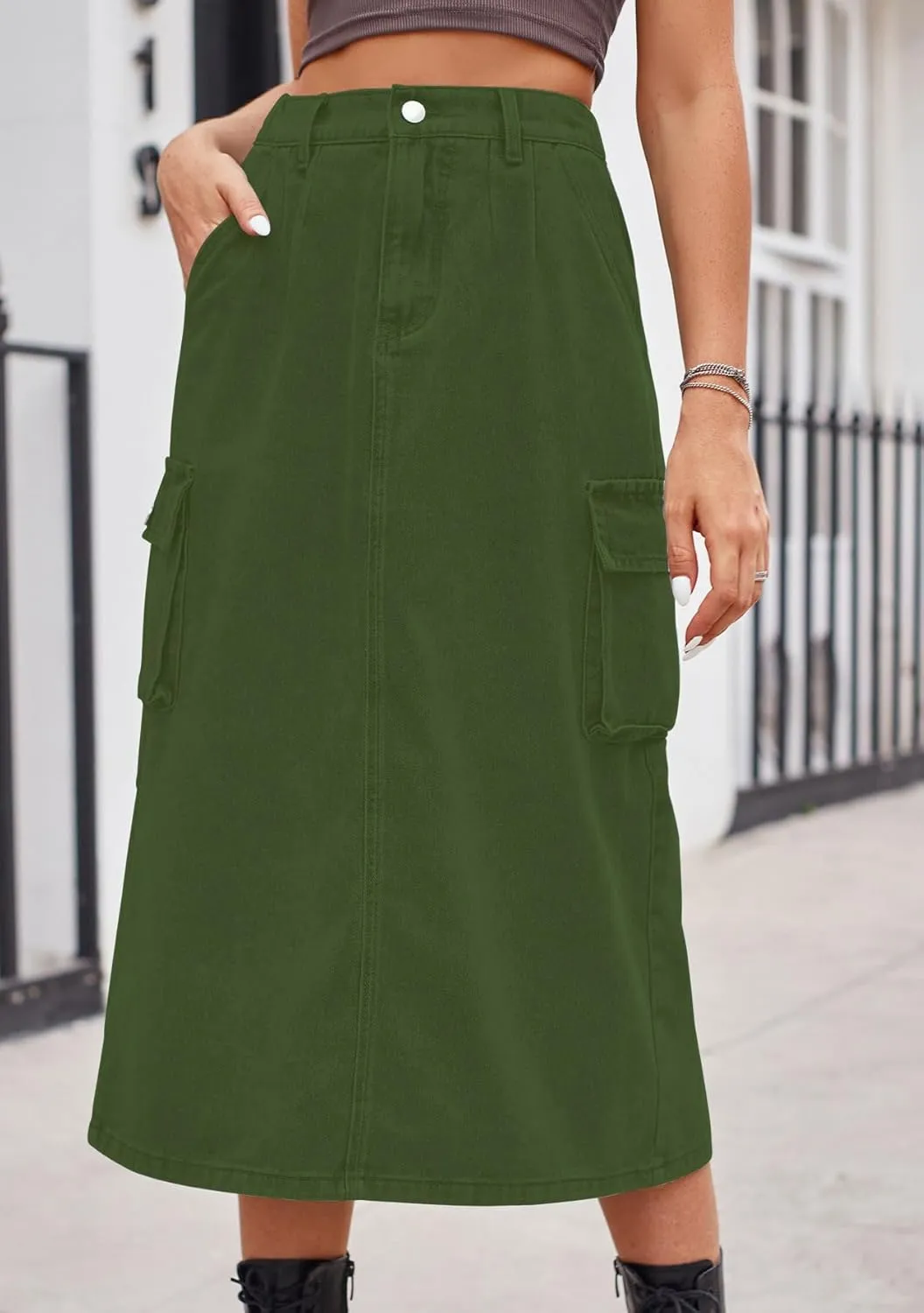 CHARTOU Women Casual High Waisted Denim Skirt Midi Jean Skirt Elastic Back A Line Skirt with Pockets