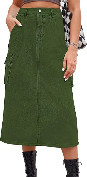 CHARTOU Women Casual High Waisted Denim Skirt Midi Jean Skirt Elastic Back A Line Skirt with Pockets