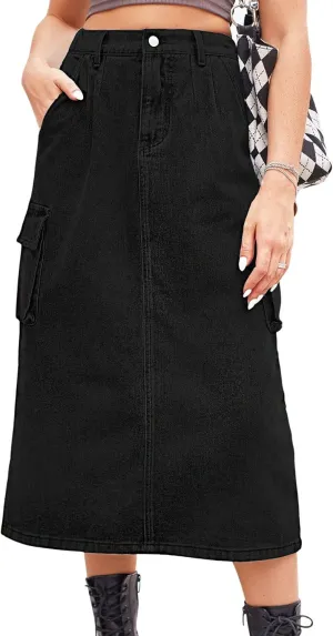 CHARTOU Women Casual High Waisted Denim Skirt Midi Jean Skirt Elastic Back A Line Skirt with Pockets