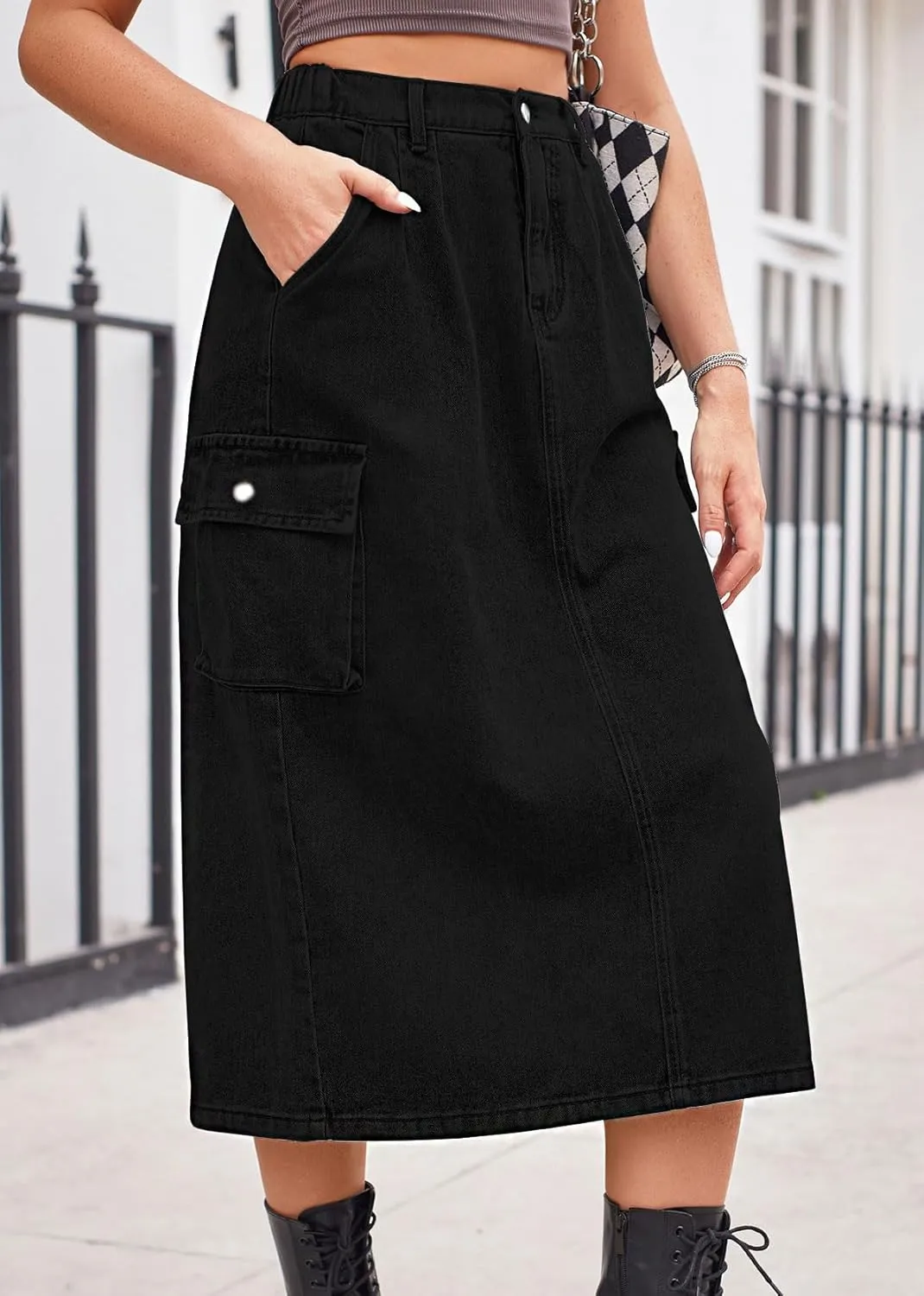 CHARTOU Women Casual High Waisted Denim Skirt Midi Jean Skirt Elastic Back A Line Skirt with Pockets