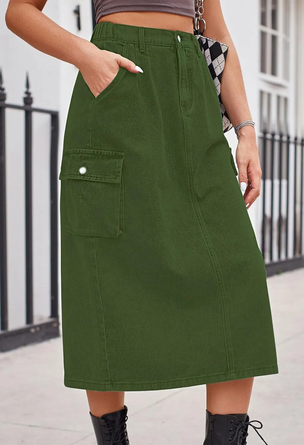 CHARTOU Women Casual High Waisted Denim Skirt Midi Jean Skirt Elastic Back A Line Skirt with Pockets