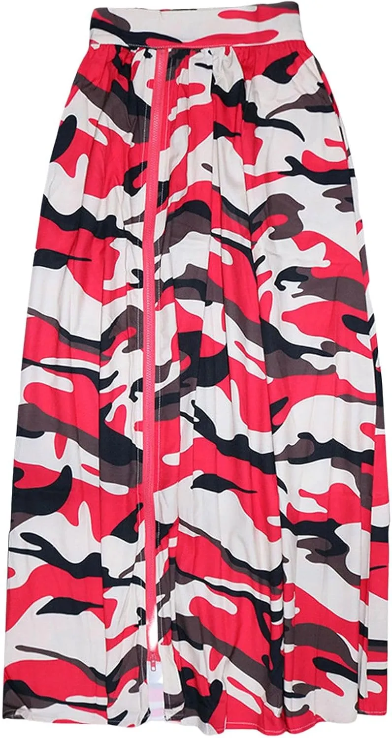 CHARTOU Women Elastic High Waist Camo Skirt Ruffle Pleated Skirt Camouflage Long Maxi Skirt with Slit