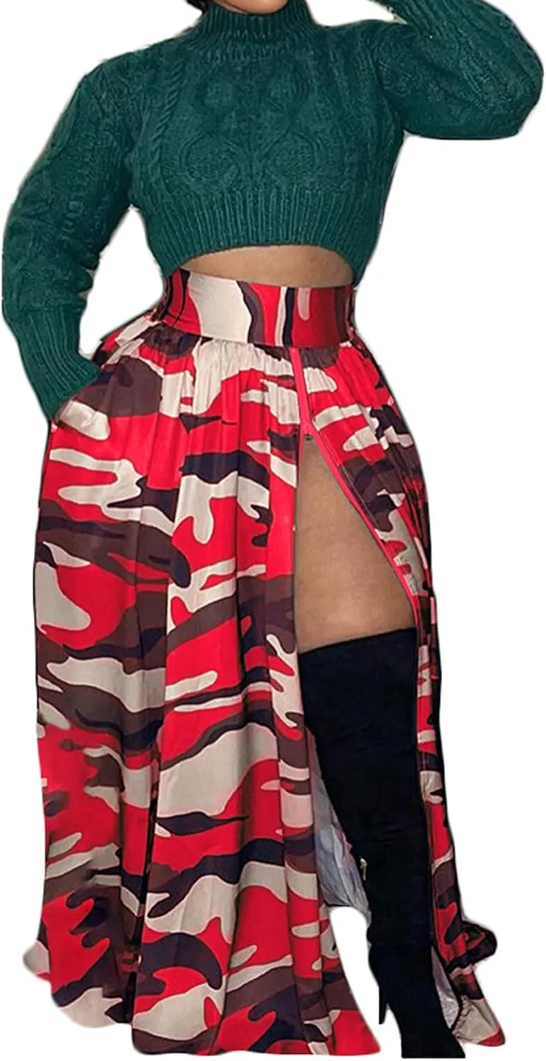CHARTOU Women Elastic High Waist Camo Skirt Ruffle Pleated Skirt Camouflage Long Maxi Skirt with Slit