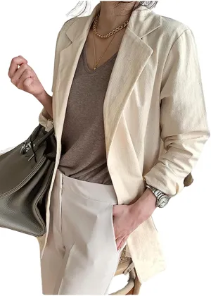 CHARTOU Women Long Sleeve Cotton Linen Blazer Tops Lapel Button Casual Business Outfits with Pockets