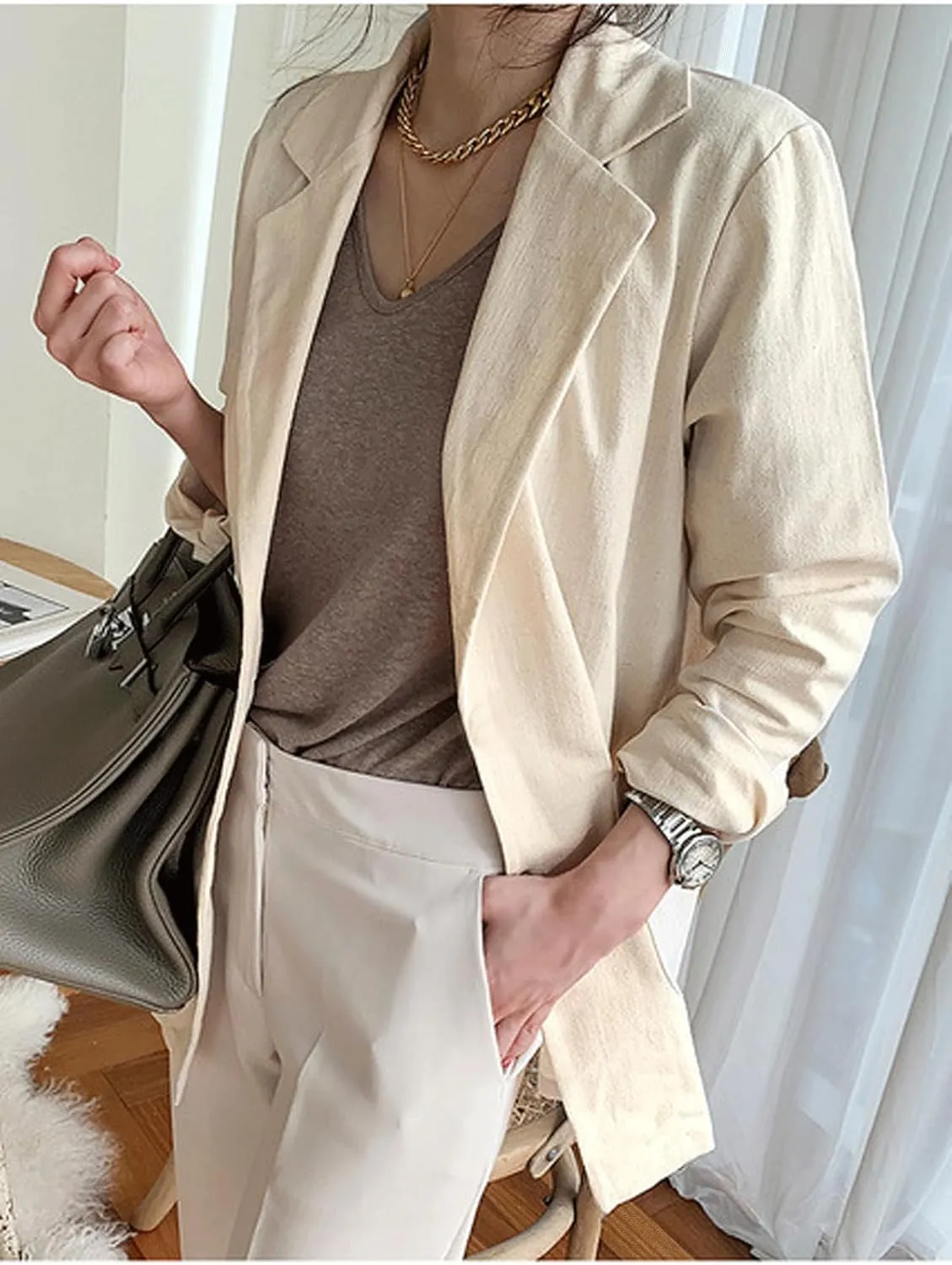 CHARTOU Women Long Sleeve Cotton Linen Blazer Tops Lapel Button Casual Business Outfits with Pockets