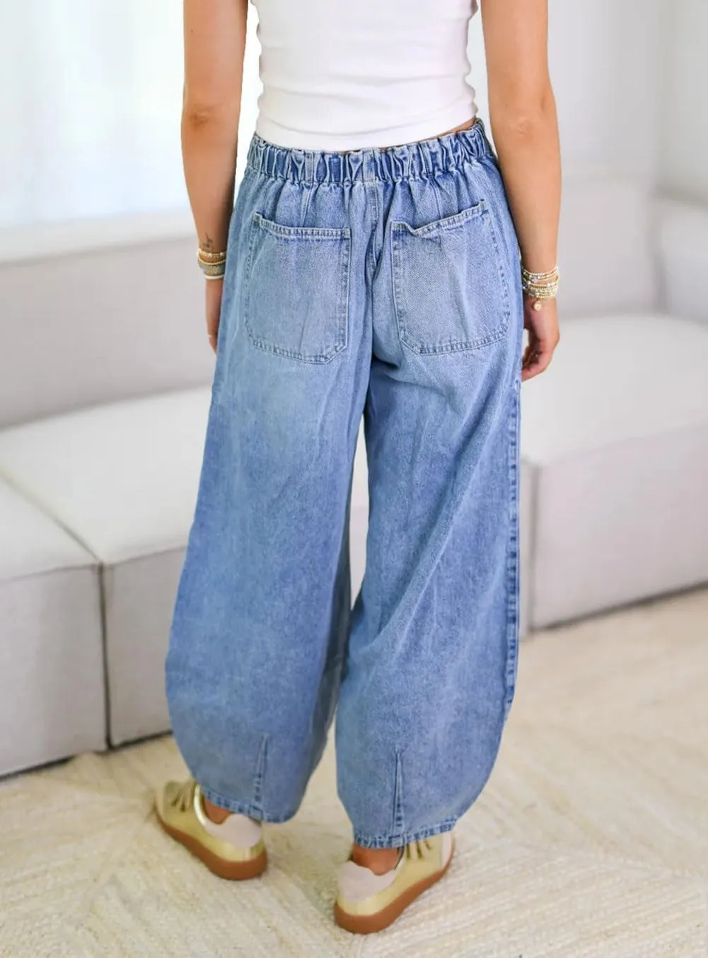 chouyatou Women Casual Barrel Jeans Elastic High Waisted Crop Wide Leg Jeans Boyfriend Harem Denim Pants