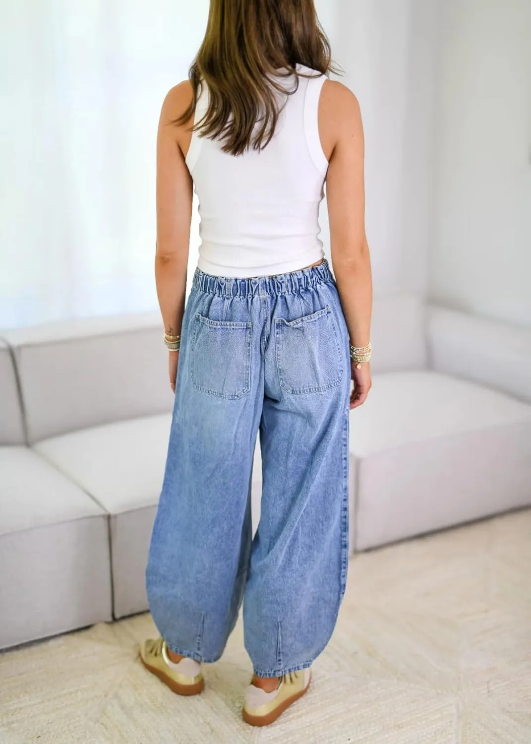 chouyatou Women Casual Barrel Jeans Elastic High Waisted Crop Wide Leg Jeans Boyfriend Harem Denim Pants