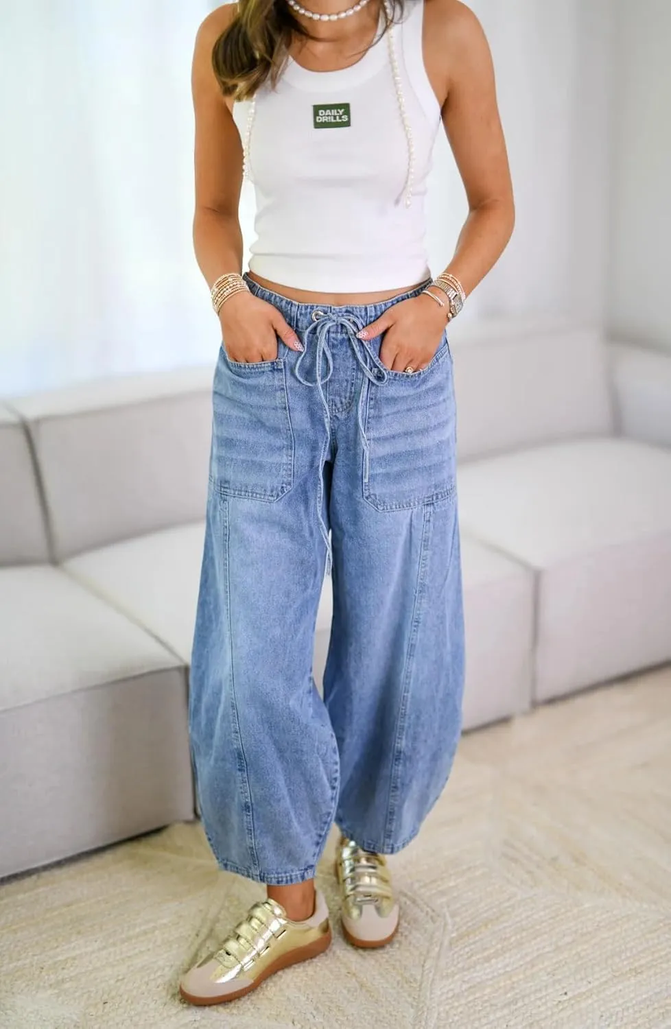 chouyatou Women Casual Barrel Jeans Elastic High Waisted Crop Wide Leg Jeans Boyfriend Harem Denim Pants