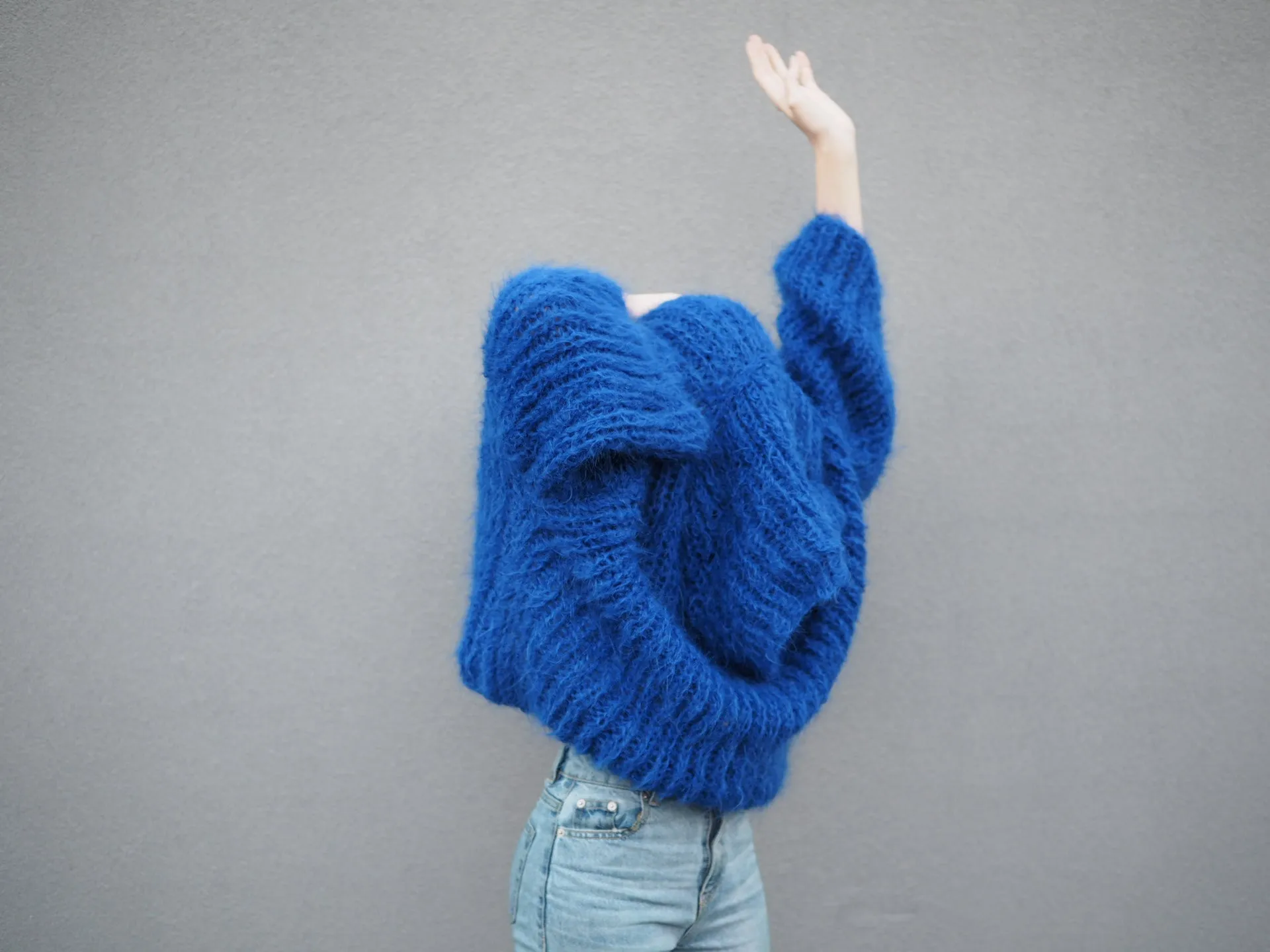 Chunky hand knit sweater with funnel collar