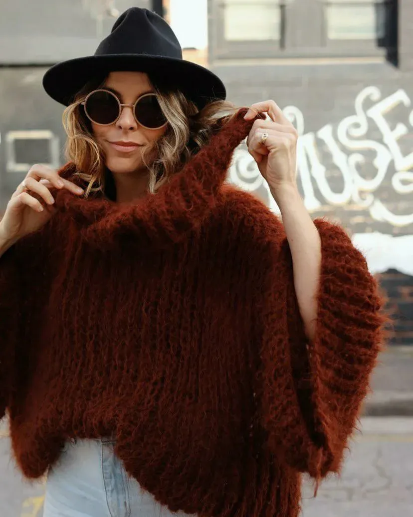 Chunky hand knit sweater with funnel collar