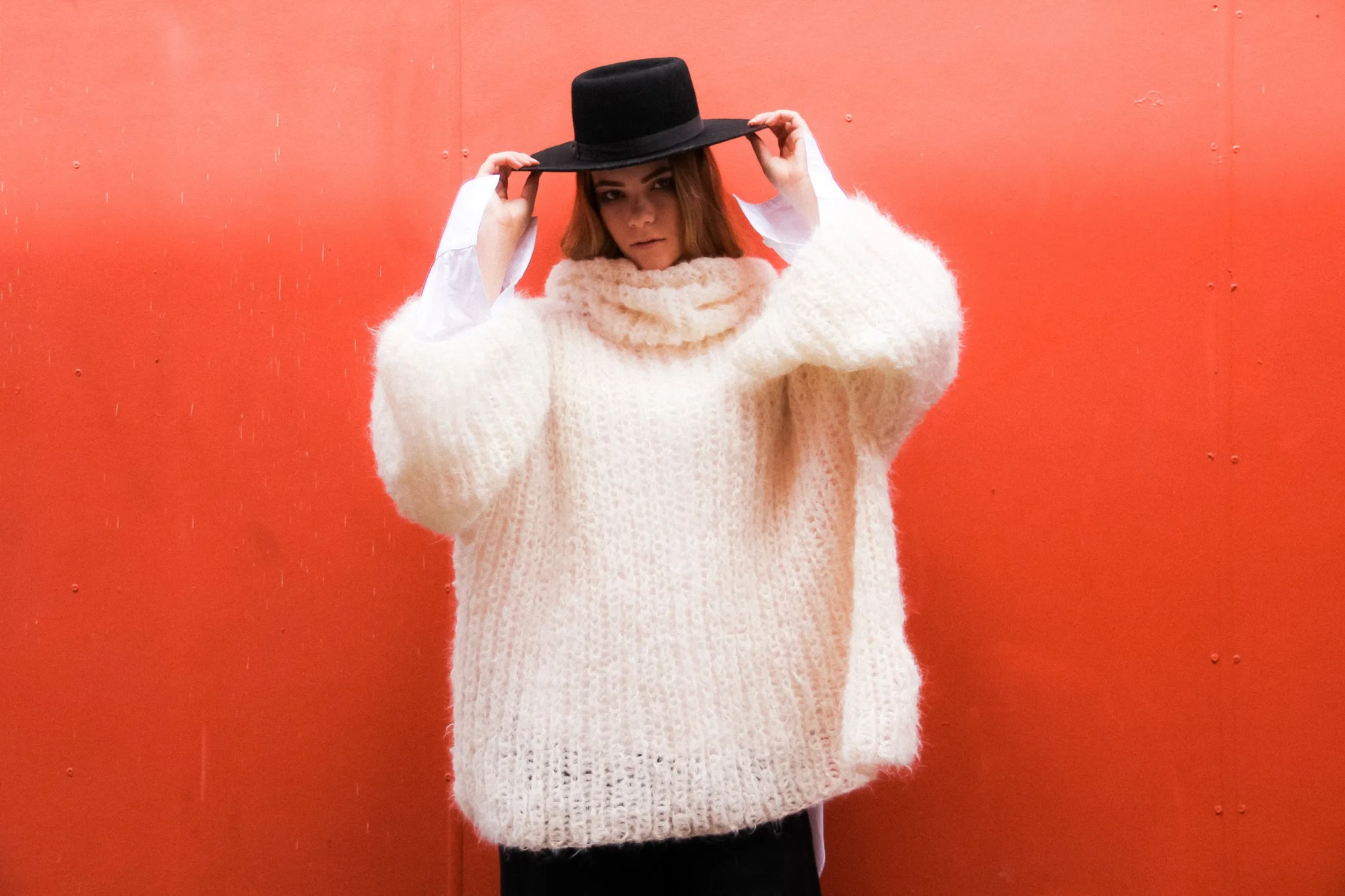 Chunky hand knit sweater with funnel collar