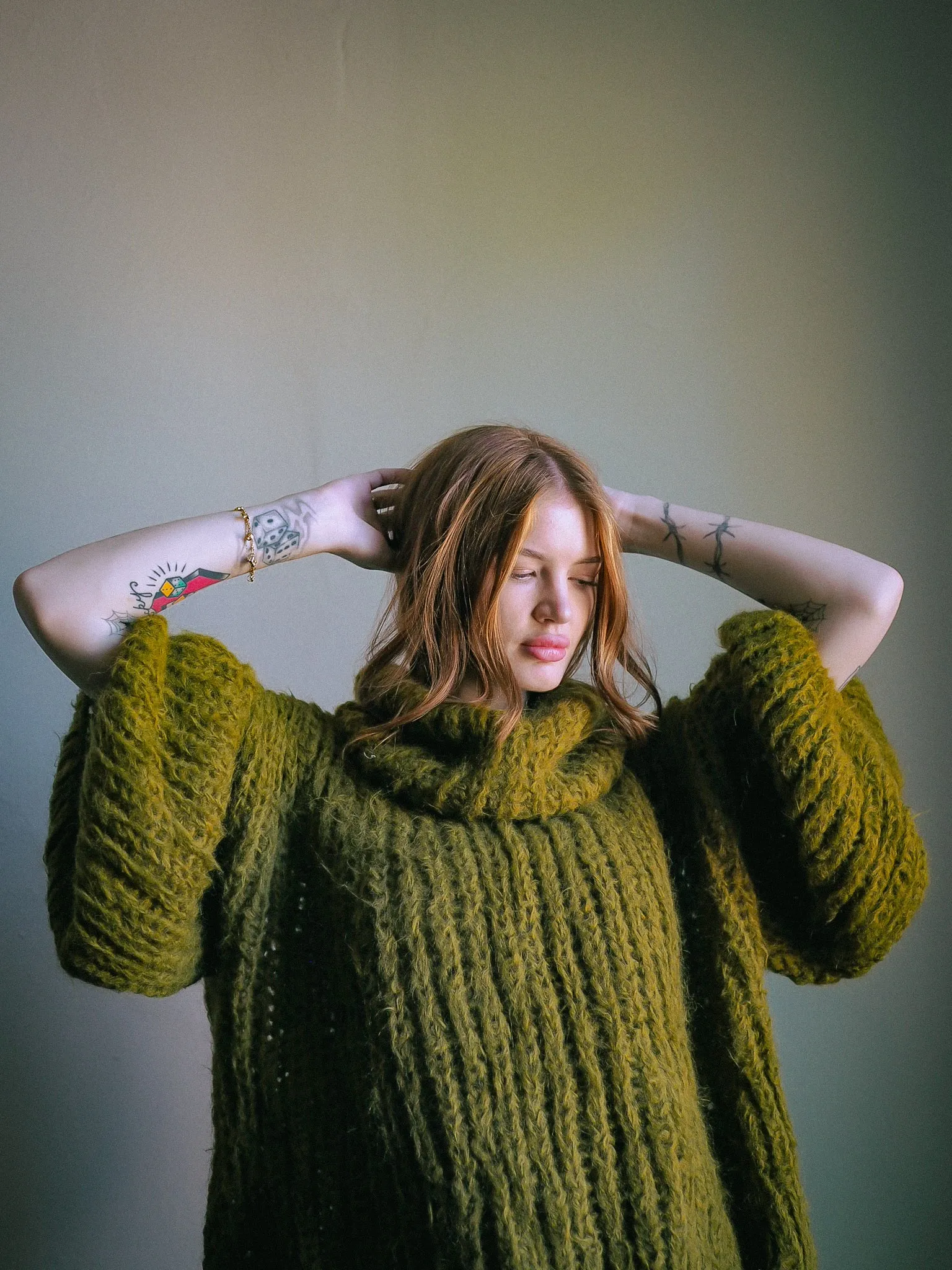 Chunky hand knit sweater with funnel collar