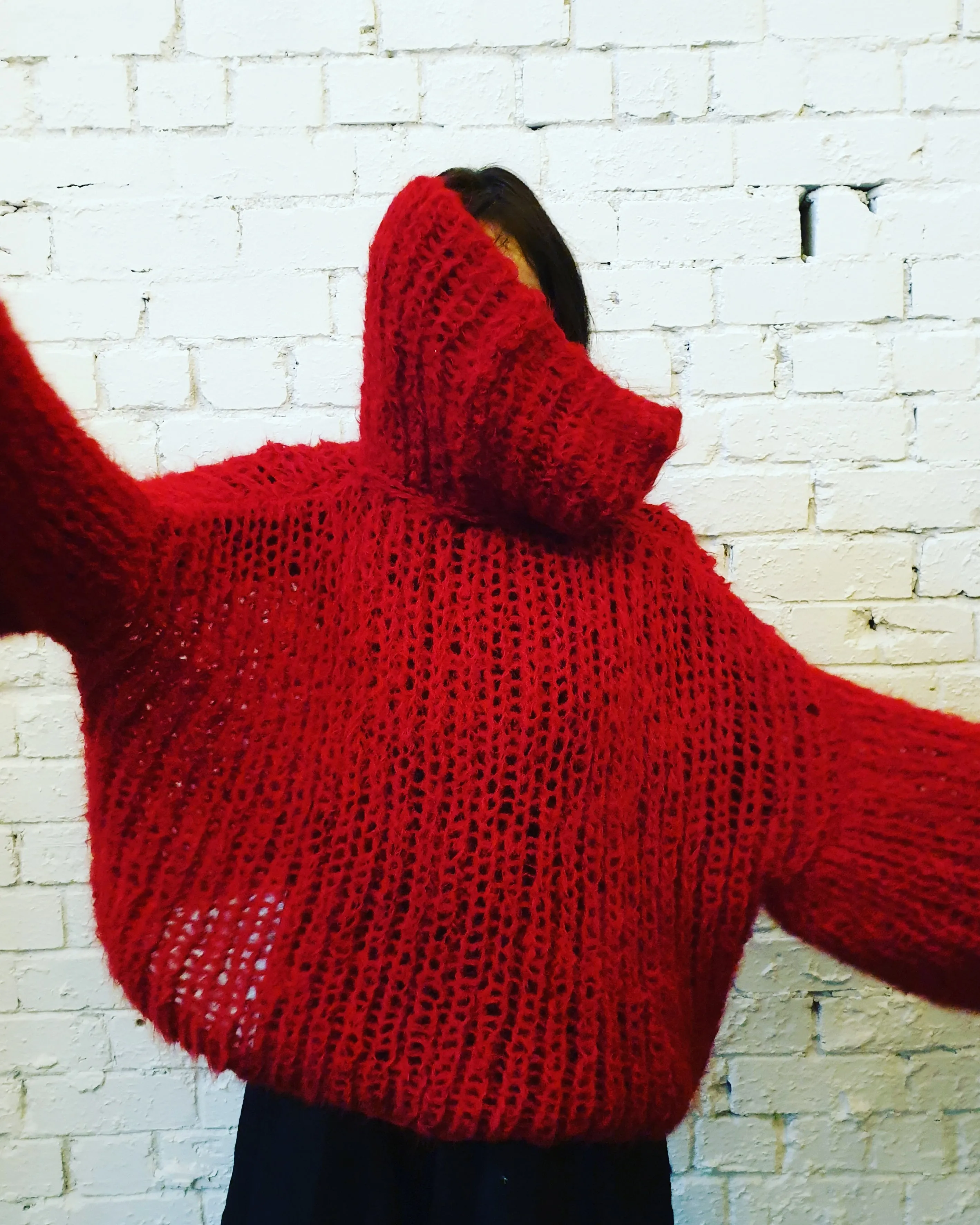Chunky hand knit sweater with funnel collar