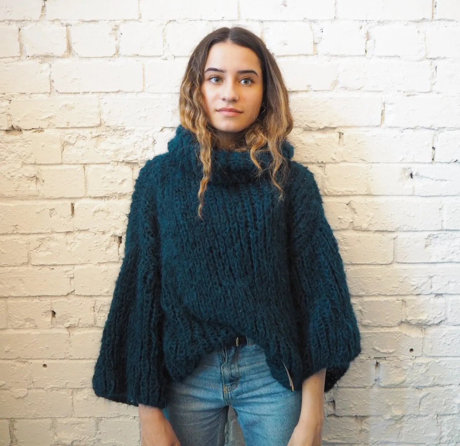 Chunky hand knit sweater with funnel collar