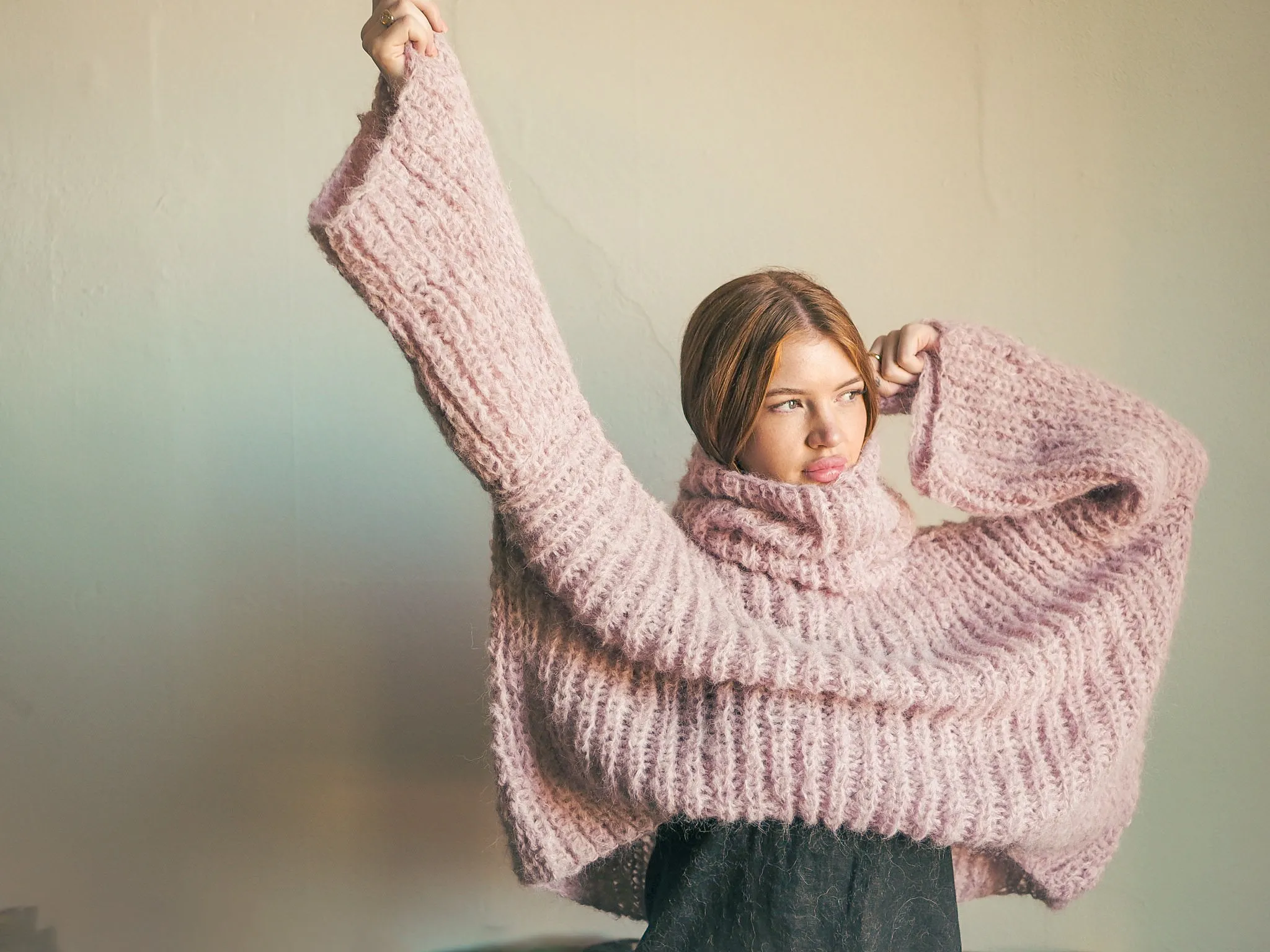 Chunky hand knit sweater with funnel collar