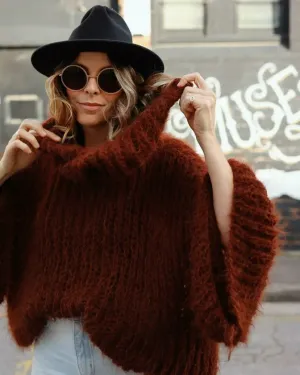 Chunky hand knit sweater with funnel collar