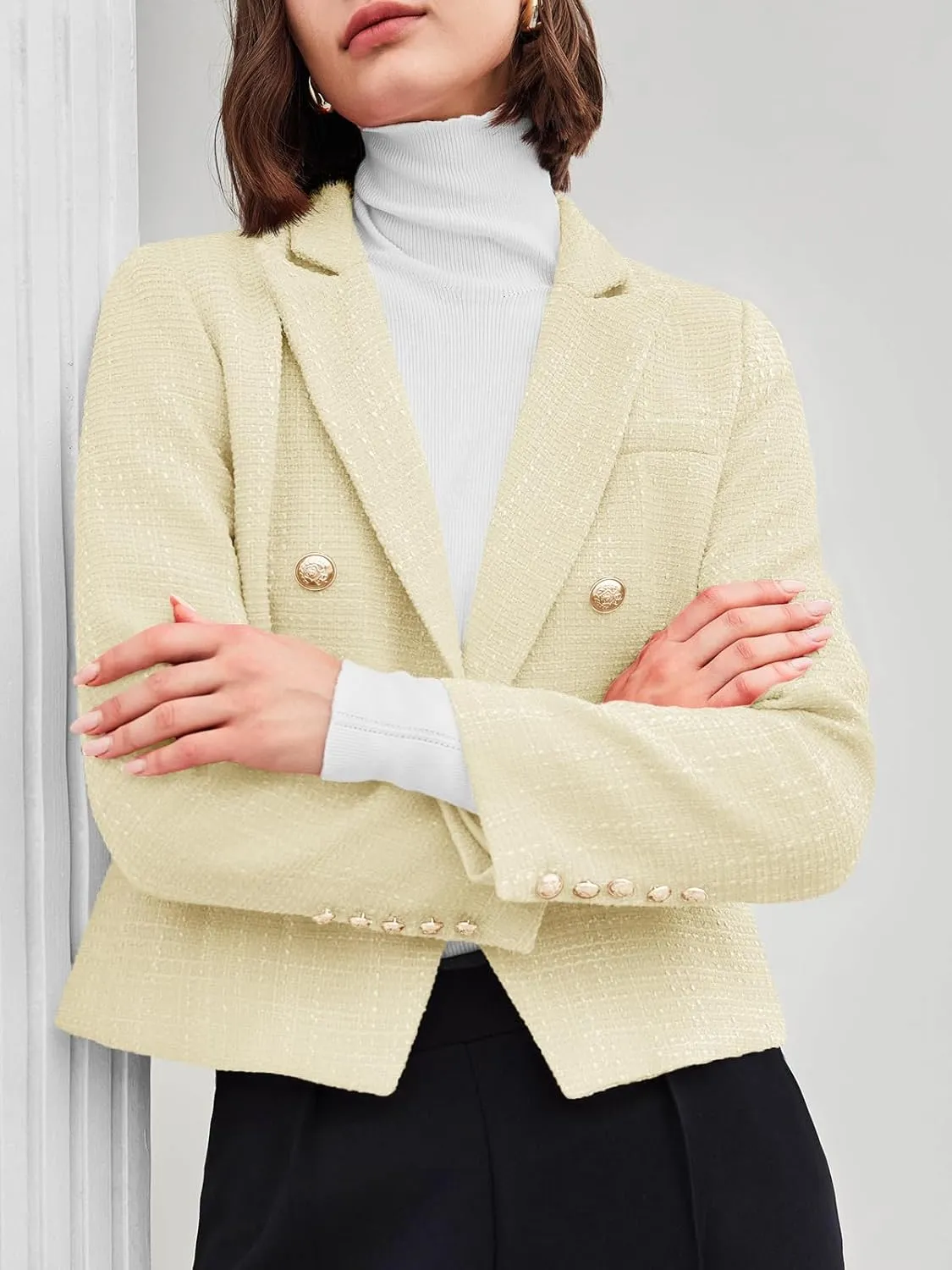 Cicy Bell Women Cropped Tweed Blazer Jackets Lapel Open Front Long Sleeve Business Suit Jackets with Pocket
