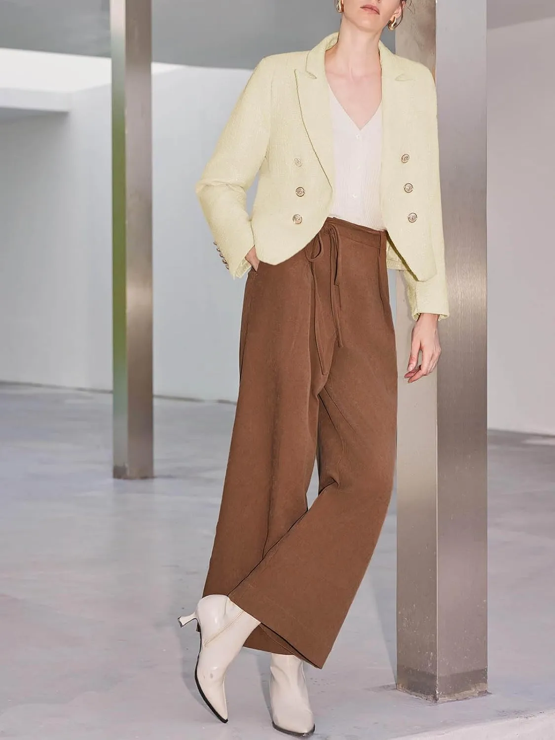 Cicy Bell Women Cropped Tweed Blazer Jackets Lapel Open Front Long Sleeve Business Suit Jackets with Pocket