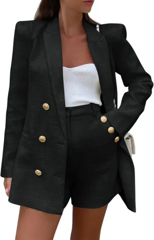 Cicy Bell Womens 2 Piece Tweed Blazer Shorts Sets Long Sleeve Double Breasted Suit Jackets Business Outfit
