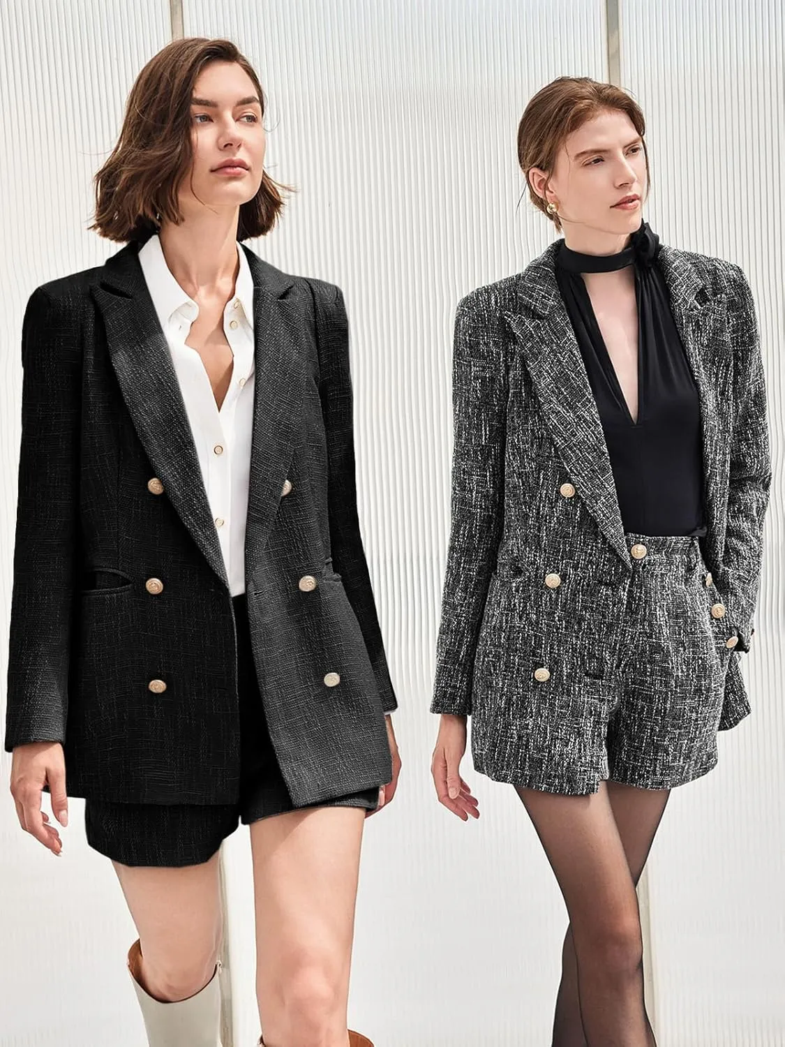 Cicy Bell Womens 2 Piece Tweed Blazer Shorts Sets Long Sleeve Double Breasted Suit Jackets Business Outfit