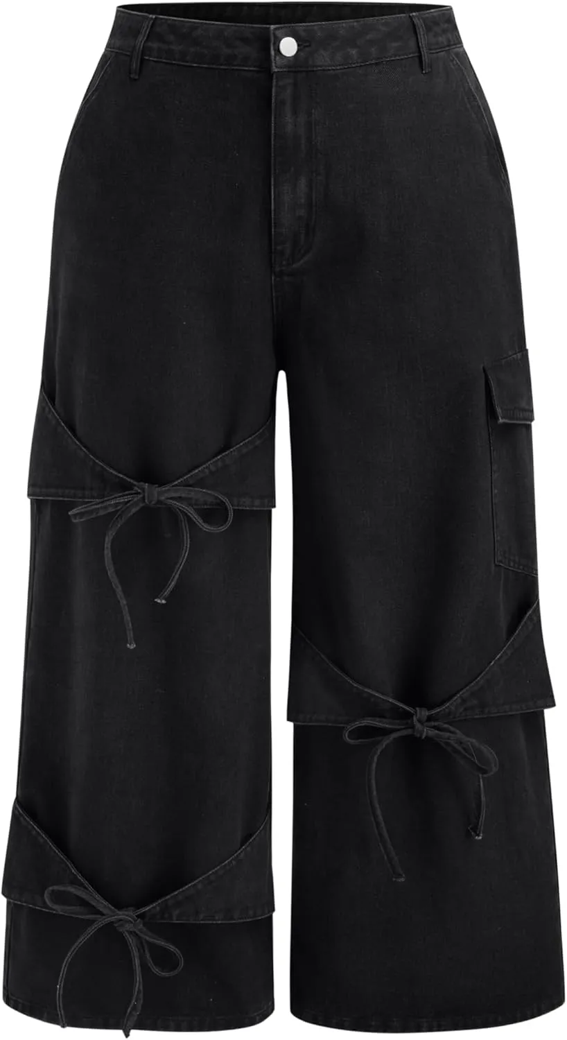 CIDER Baggy Jeans for Women Low Waisted Wide Straight Leg Bow Jeans Denim Pants