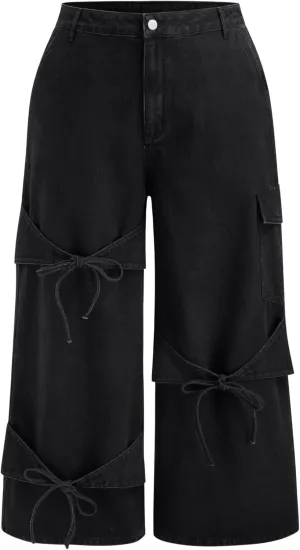 CIDER Baggy Jeans for Women Low Waisted Wide Straight Leg Bow Jeans Denim Pants