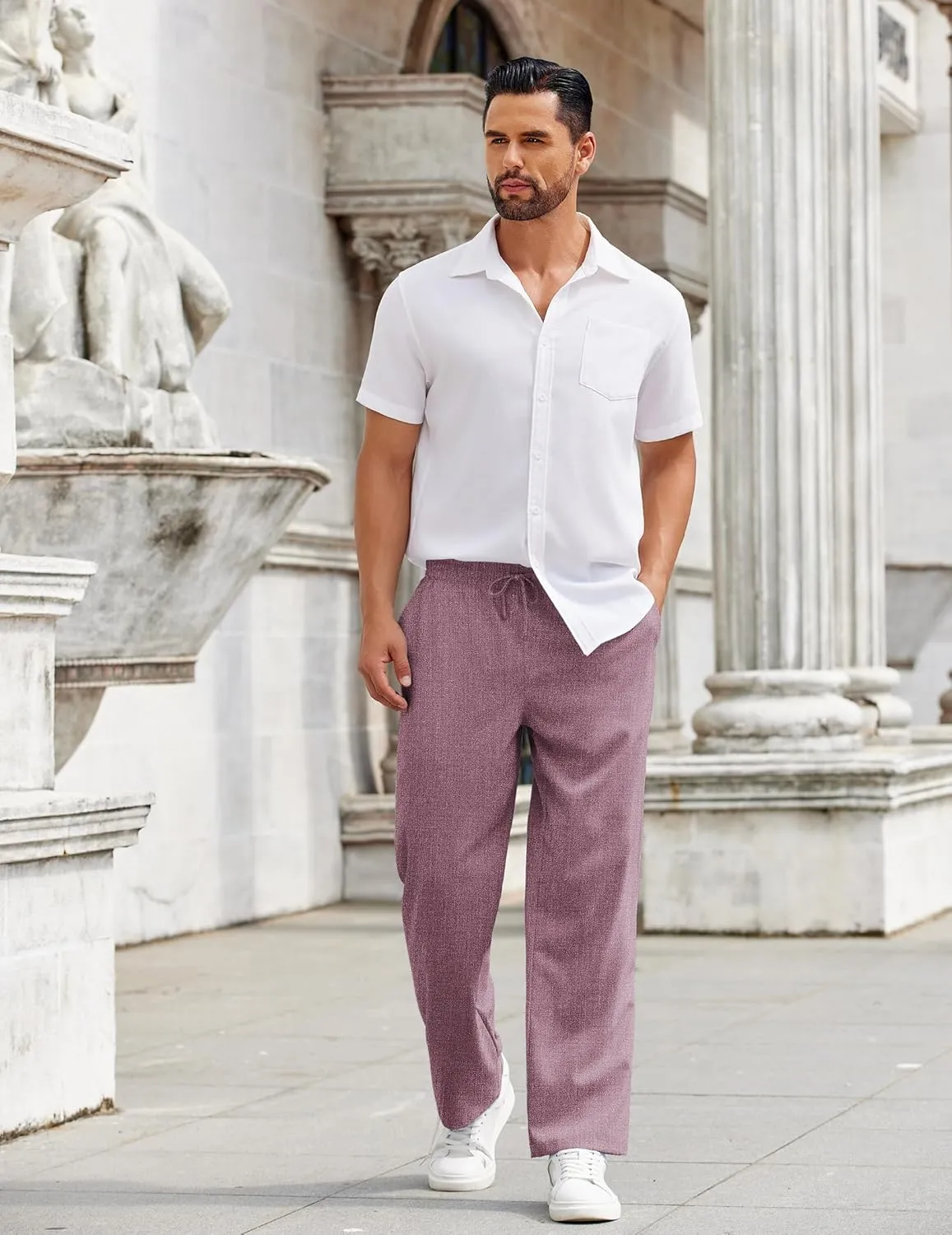 COOFANDY Mens Casual Pants Drawstring Elastic Waist Pants Linen Summer Beach Pants
