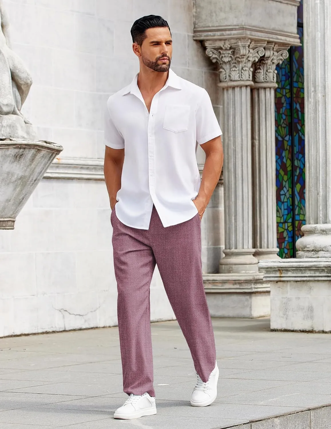 COOFANDY Mens Casual Pants Drawstring Elastic Waist Pants Linen Summer Beach Pants