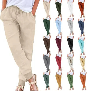 Cotton Linen Casual Pants for Women Elastic Waist Drawstring Tapered Leg Summer Beach Pant Slim Fit Dressy Work Trousers
