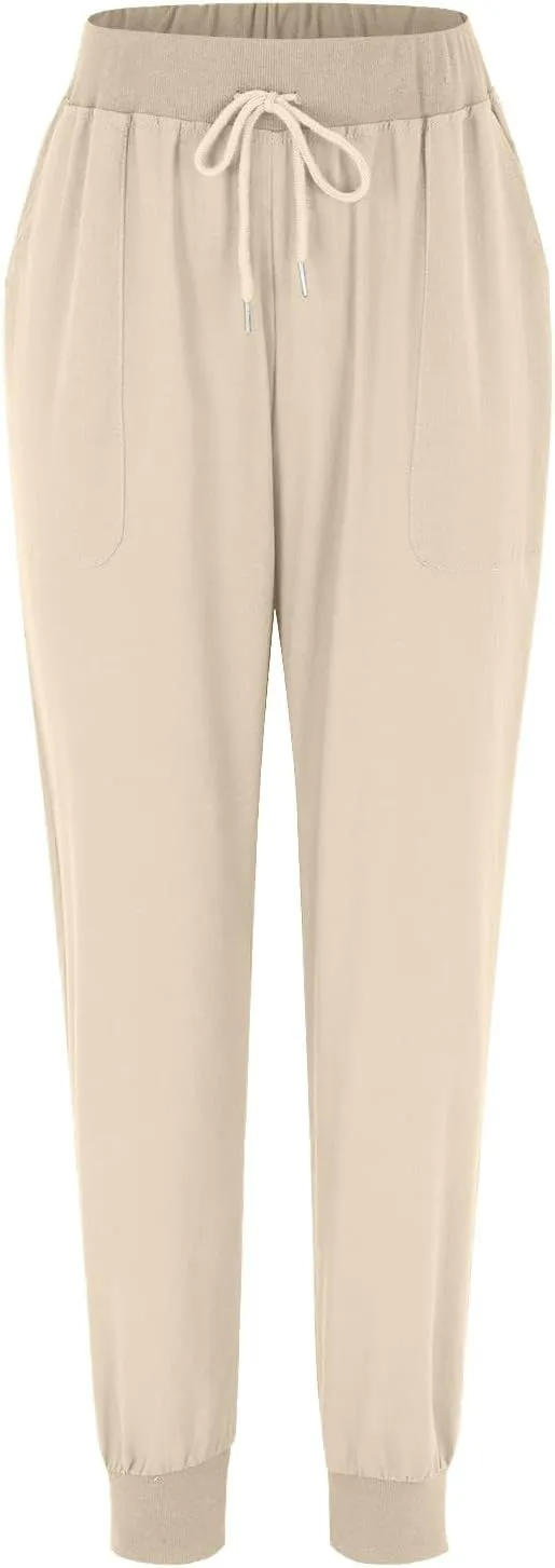 Cotton Linen Casual Pants for Women Elastic Waist Drawstring Tapered Leg Summer Beach Pant Slim Fit Dressy Work Trousers
