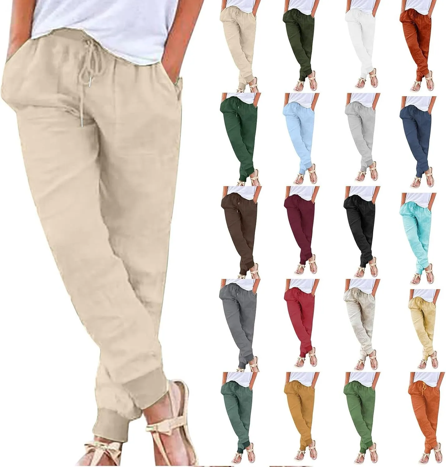 Cotton Linen Casual Pants for Women Elastic Waist Drawstring Tapered Leg Summer Beach Pant Slim Fit Dressy Work Trousers