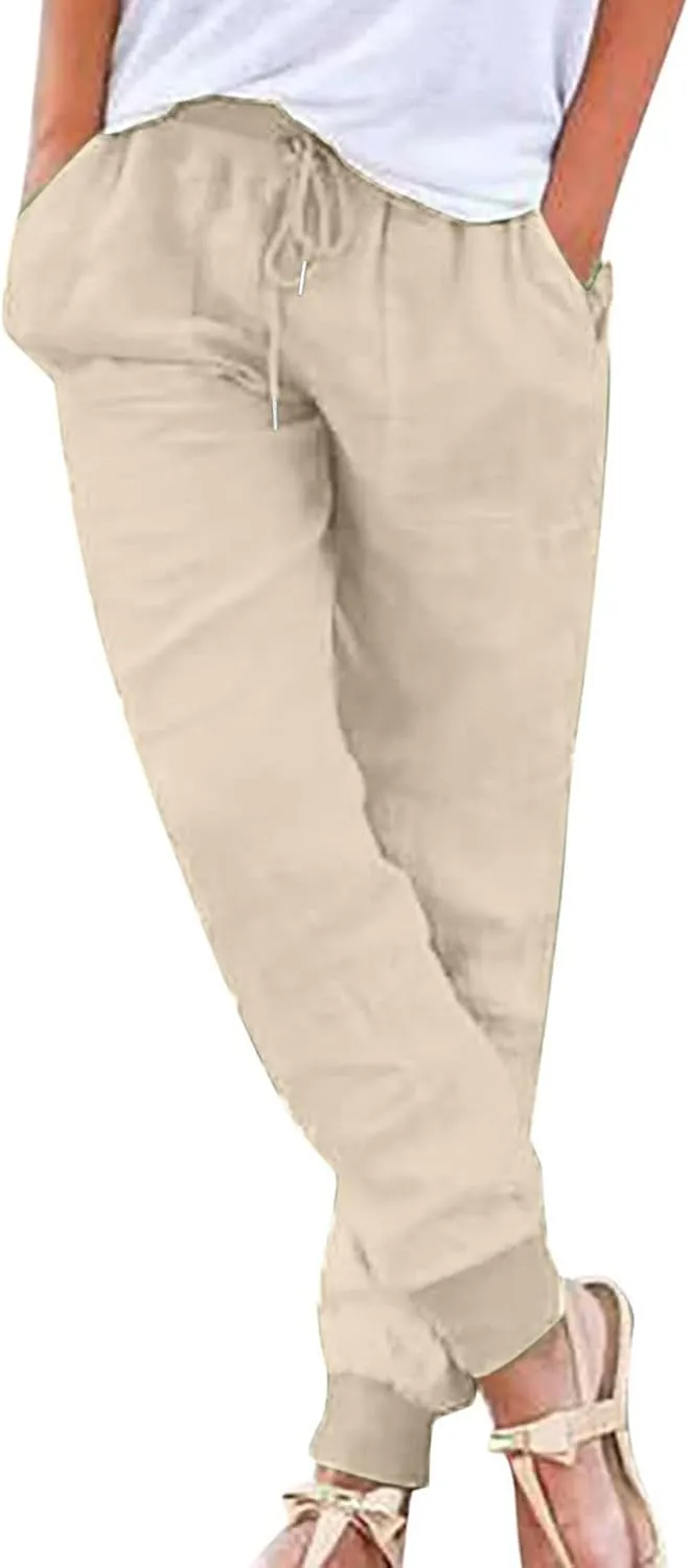 Cotton Linen Casual Pants for Women Elastic Waist Drawstring Tapered Leg Summer Beach Pant Slim Fit Dressy Work Trousers