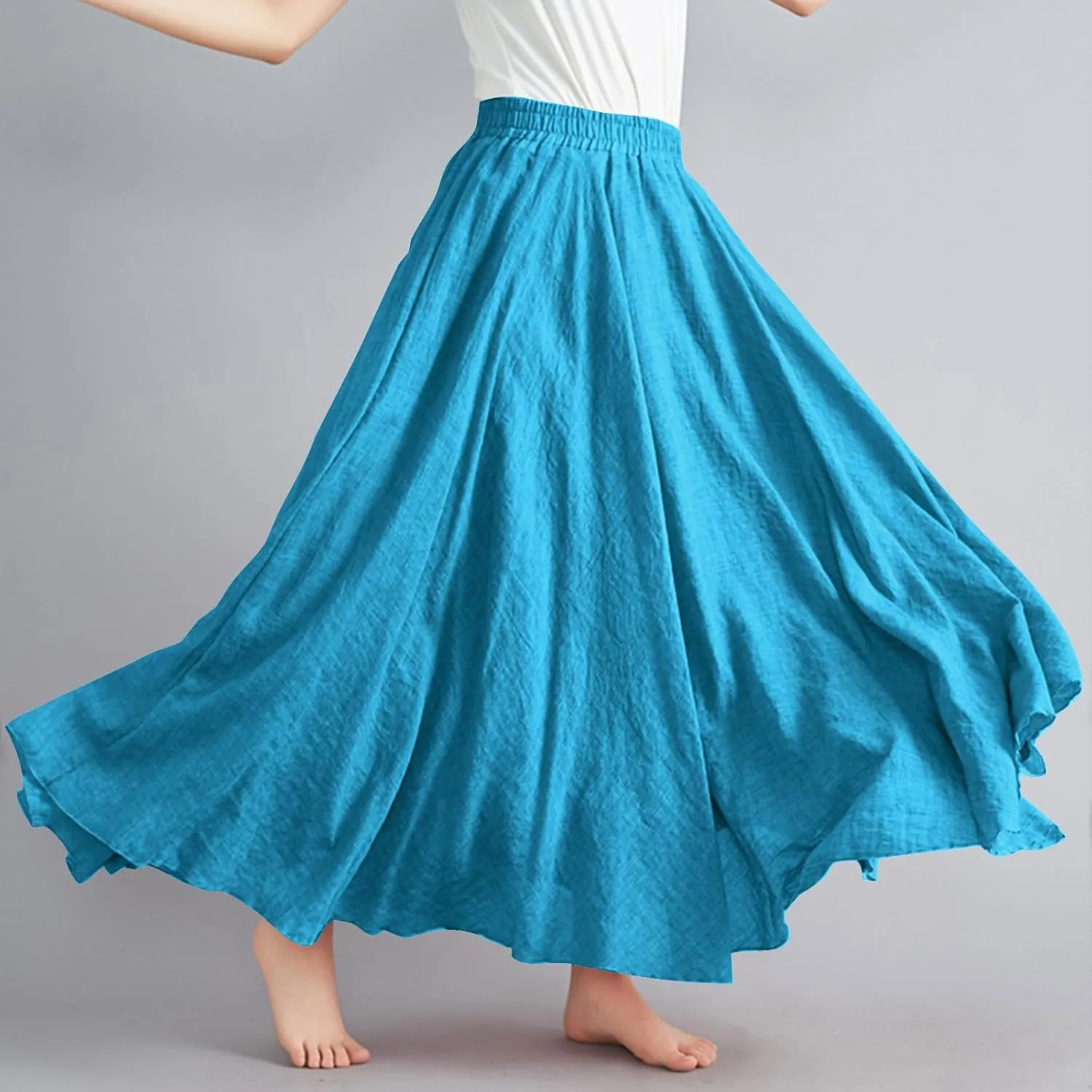Cotton Linen Maxi Skirt for Women High Waist Flowy Beach Long SkirtsSolid Color Boho Casual Elastic Waist Summer Style