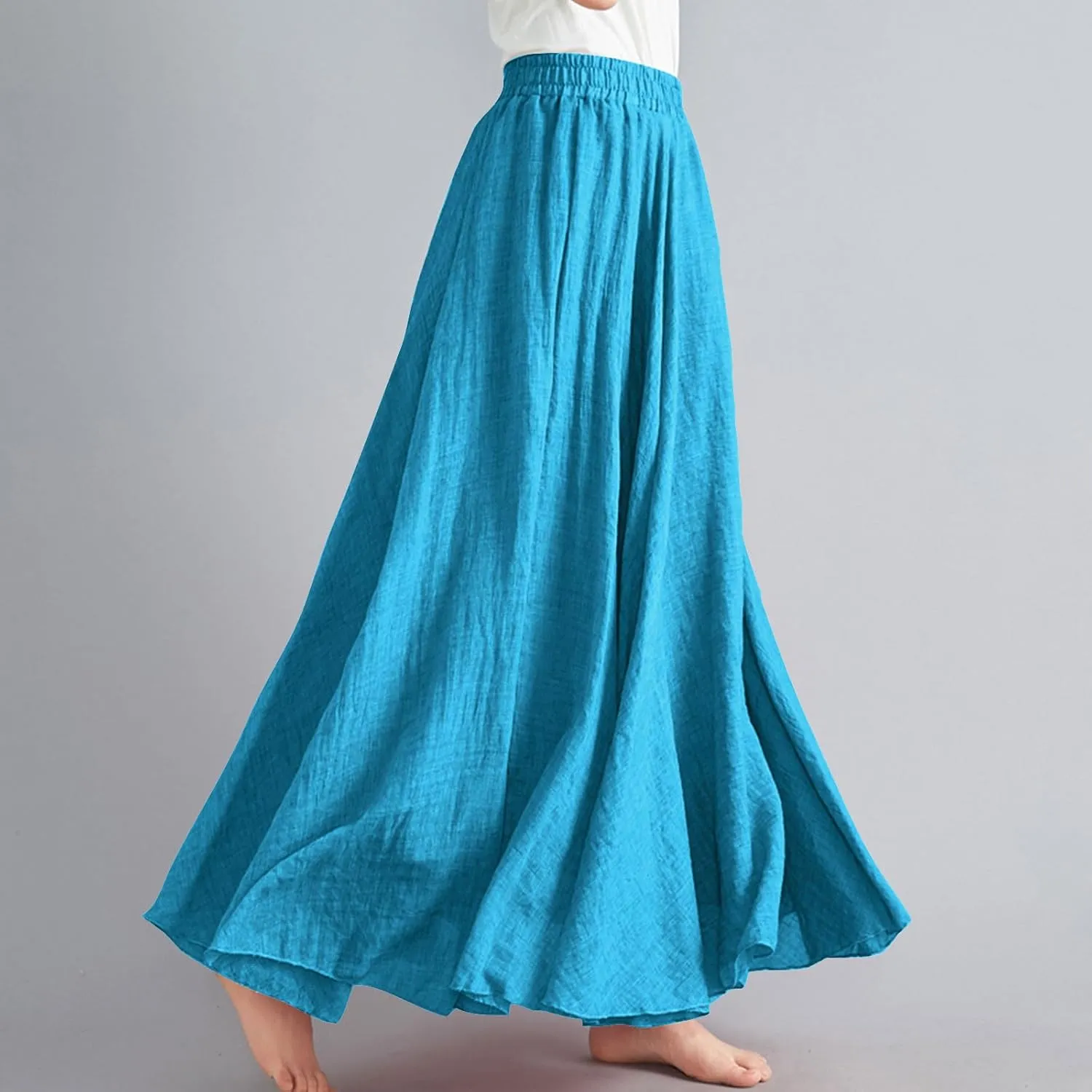 Cotton Linen Maxi Skirt for Women High Waist Flowy Beach Long SkirtsSolid Color Boho Casual Elastic Waist Summer Style