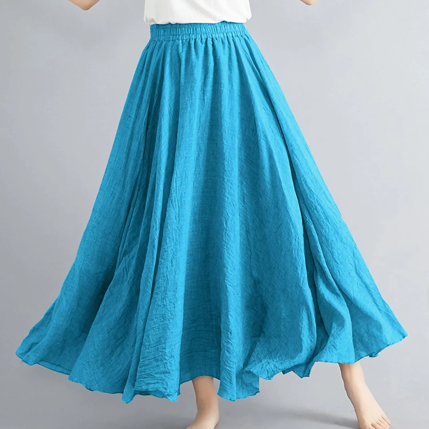 Cotton Linen Maxi Skirt for Women High Waist Flowy Beach Long SkirtsSolid Color Boho Casual Elastic Waist Summer Style